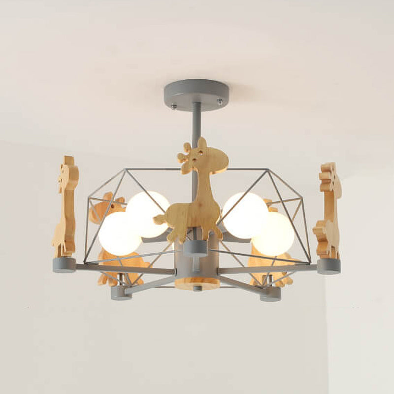 Scandinavian Modern Childlike Giraffe Diamond Pentagram Windmill Iron Wood Glass 4/5 Light Semi-Flush Mount Ceiling Light
