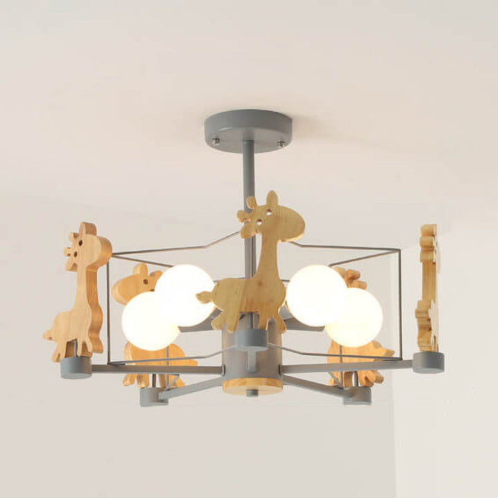 Scandinavian Modern Childlike Giraffe Diamond Pentagram Windmill Iron Wood Glass 4/5 Light Semi-Flush Mount Ceiling Light