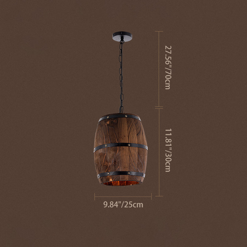 Traditional Rustic Round Iron Wood Wine Barrel 1-Light Single Barrel Pendant Light For Dining Room