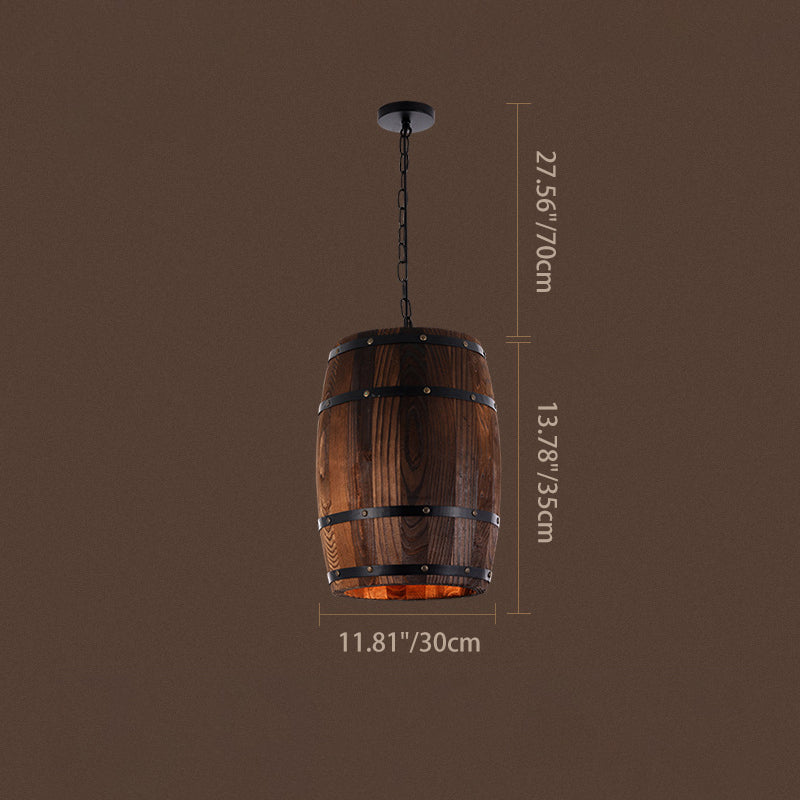 Traditional Rustic Round Iron Wood Wine Barrel 1-Light Single Barrel Pendant Light For Dining Room