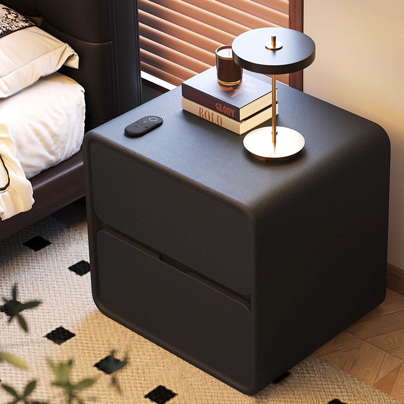 Modern Minimalist Rectangular Medium Density Fiberboard Cat-Scratch-Resistant Leather Solid Wood Nightstand 2-Drawer For Bedroom