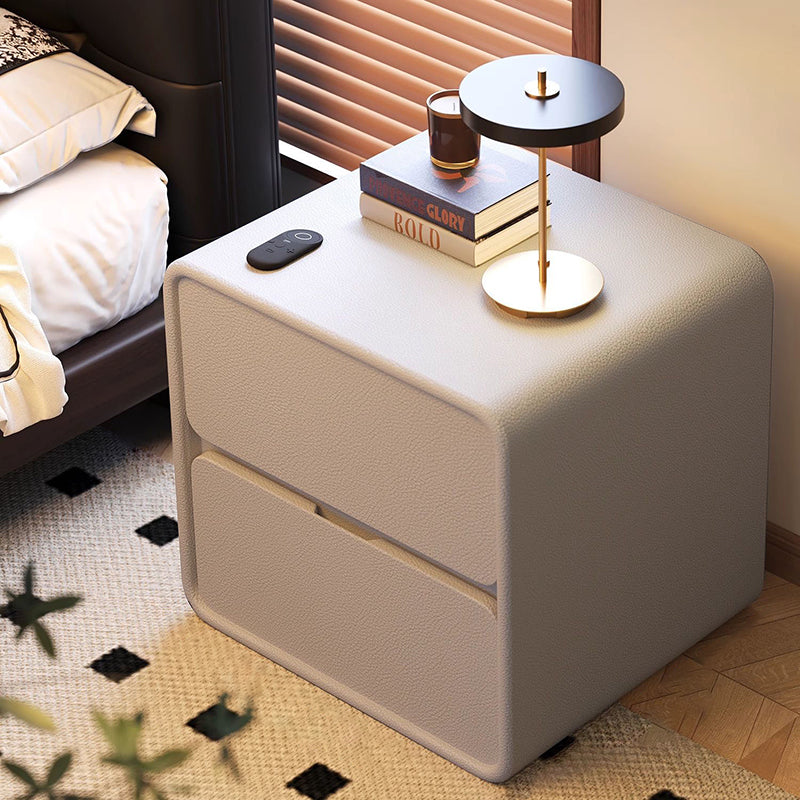 Modern Minimalist Rectangular Medium Density Fiberboard Cat-Scratch-Resistant Leather Solid Wood Nightstand 2-Drawer For Bedroom