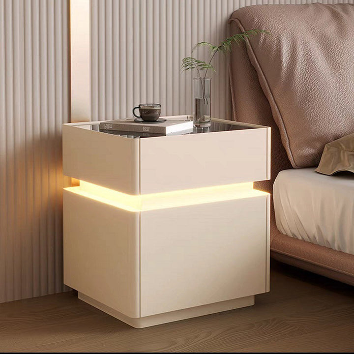 Modern Minimalist Rectangular Glass Microfiber Leather Solid Wood Nightstand 3-Drawer For Bedroom