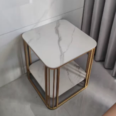 Contemporary Luxury Square Stone Slab Carbon Steel End Table 2-Tier For Living Room